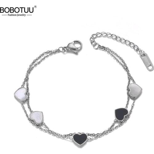 BOBOTUU Double Layers White/Black Shell Heart Charm Bracelet Bangle Stainless Steel Bohemia Chain Link Bracelets Jewelry BB19072