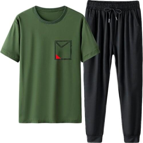 Men Tracksuit 2021 New Fashion Ice Silk Fabric Mens Suit Casual Sports Short-sleeved Trousers Youth Sweatpants Plus Size 5XL