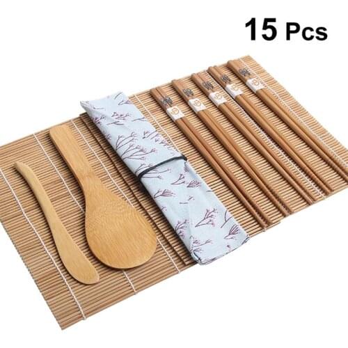15pcs Bamboo Sushi Making Kit Includes 2 Sushi Rolling Mats 1 Towl 1 Rice Paddle 1 Rice Spreader 5 Pairs Chopsticks