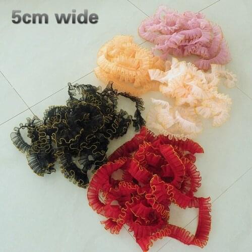 5cm Wide New Organza Gauze Crease Gold Line Ruffled Lace Trim Fabric DIY Dentelle Childrens Pettiskirt Toy Clothes Accessories