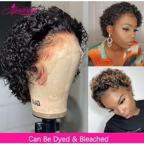 Glueless Curly Bob Transparent Lace Front Human Hair Wigs Short Pixie 1B 4/27HL Blonde Ombre Wig For Black Women Deep Water Wave