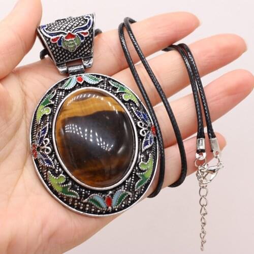 Natural Stone Pendant Rose Quartz Tiger Eye Necklace Retro Style Handmade Crafts DIY Necklace Sweater Chain Romantic Gift Love