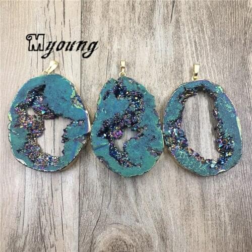 Freeform Rainbow Titanium Crystal Dryzy Geode Slice Pendants,Agates Quartz Druse Geode Slab Pendant MY1923