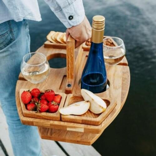 Detachable Wine Picnic Table Portable Mini Serving Platter with 4 Food Cell Wooden Wine & Goblet Holder for Travel Beach Hogard