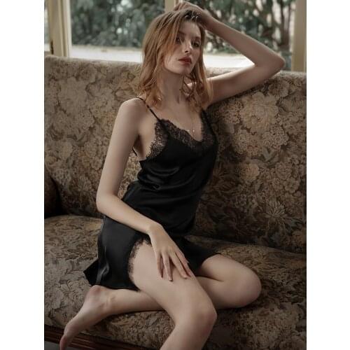 Silk Pajamas Women Sexy Pajamas Womens Suspender Nightdress Lace V-neck Split Silk Nightdress Home Wear Sleepwear