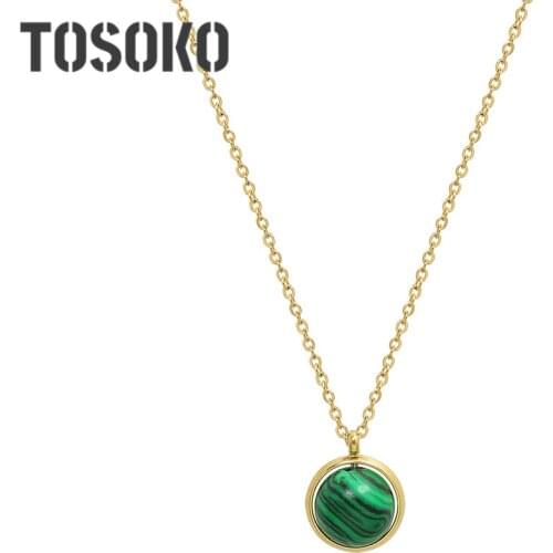 TOSOKO Stainless Steel Jewelry Natural Turquoise Round Pendant Necklace Womens Simple Clavicle Chain BSP1119