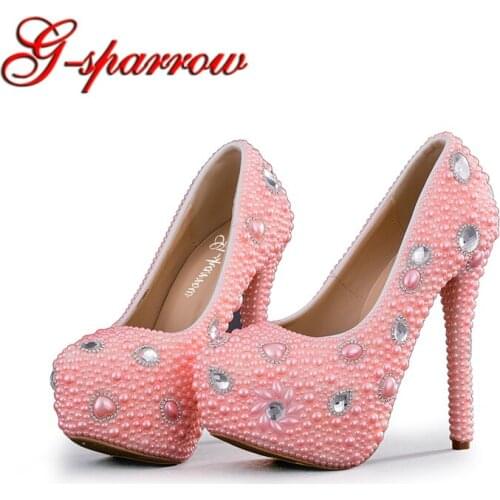 2018 Pink Pearl High Heel Bride Dress Shoes Wedding Party Bridesmaid Shoes with Platform Fiancee Beautiful Pumps Matching Bag
