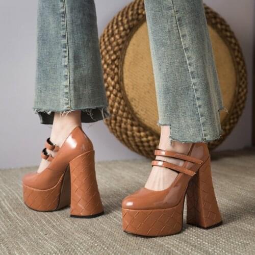 New Brand Genuine Leather Pumps Shoes For Women Sexy High Heels Round Toe Platform Black Brown Shoes Woman Mary Janes Pumps 43