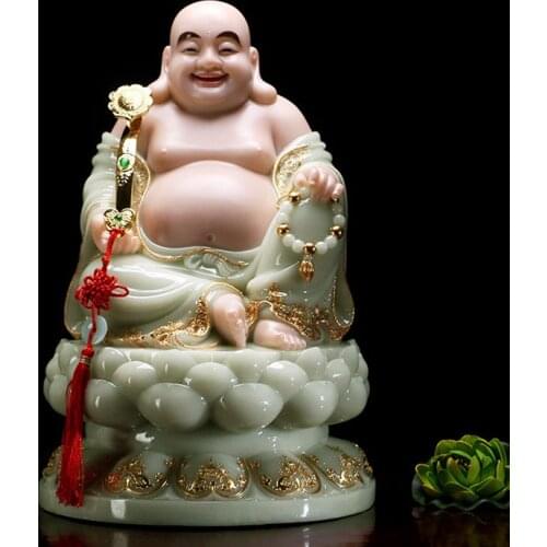 High-grade home shop TOP Talisman Mascot Maitreya smile Buddha jade gilding carving Sculpture statue 30cm