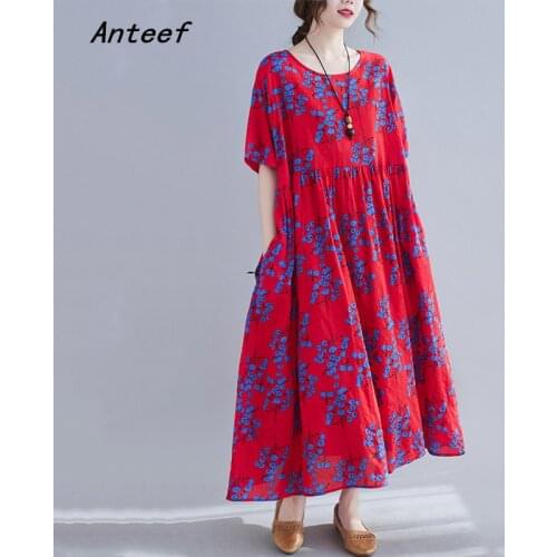 Short sleeve cotton vintage floral dresses for women casual loose long summer dress elegant clothes 2021 sundress