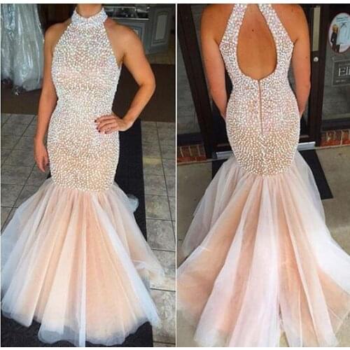 2019 New Fashion Full Beading Fake Pearls Mermaid Evening Dress Custom Made Backless Bridal Gown Prom Dress Tulle Robe De Soiree