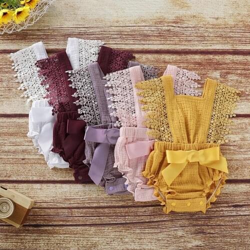 2020 Summer Newborn Baby Girls Clothes Cotton Linen Solid Sling Lace Rompers Infant Toddler Kids Bowknot Sleeveless Jumpsuits