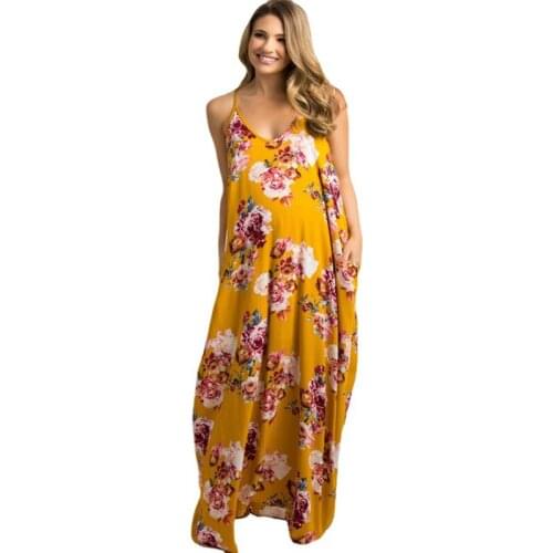 2021 Spring Summer Floral Maternity Clothes Print Maxi Dresses Resort style Sling Dress for Pregnant women Q0212