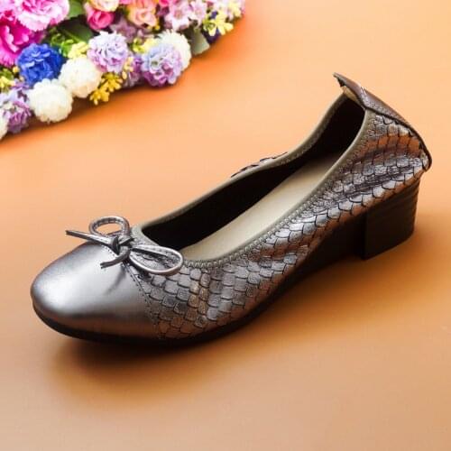 AUCVEE Women Wedges Shoes Genuine Leather Bow Slip On Ladies Loafers Pumps Square Toe Soft Comfortable Ballet Shoes Woman Pumps