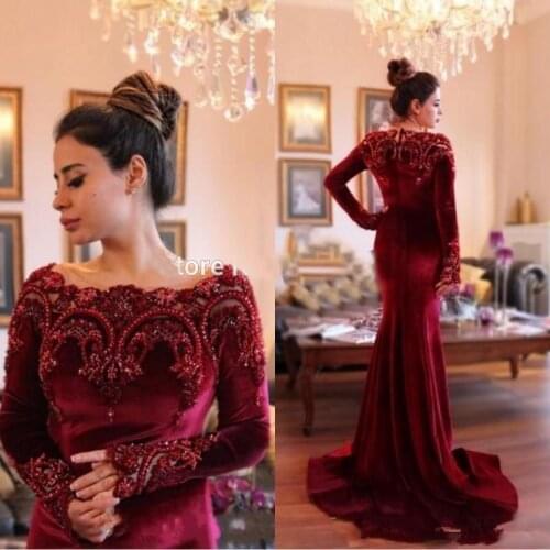 Wine red prom dresses 2020 scoop neckline lace appliques pearls dark red velvet evening dresses long sleeve formal dresses
