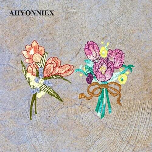 AHYONNIEX Flower Patches Clothing Embroidered Stripes Tulip Bouquet Badges Iron on Transfer Daisy Appliques Stickers for Clothes
