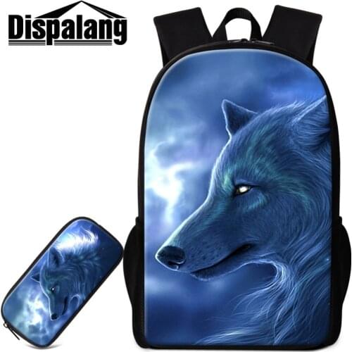 Dispalang Animal Wolf Print School Backpack For Boys 2 PCS Set School Pencil Case For Student Childrens Large Bagpack Bookbags