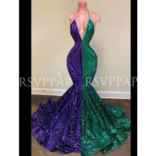 Long Prom Dress 2021 Real Picture Sexy Deep V-neck Backless Glitter Sequin African Girl Purple And Green Mermaid Prom Dresses