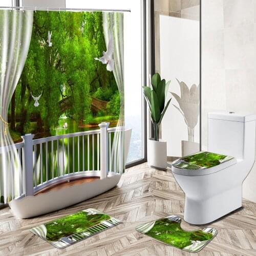 Forest Waterfall Ocean Window View Shower Curtain Rural Plant Natural Scenery Non-Slip Rug Toilet Cover Bath Mat Bathroom Set