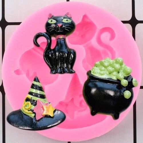 Halloween Cat Silicone Mold Witch Fondant Cake Decorating Tools Hat Chocolate Gumpaste Moulds Candy Mould Polymer Clay Molds