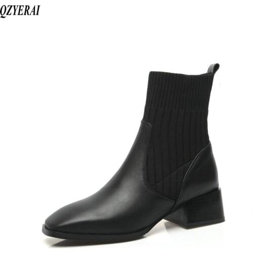 Autumn/winter collection 100% Genuine leather Women boots ankle Short boots Square head Female boots Women shoes stretch