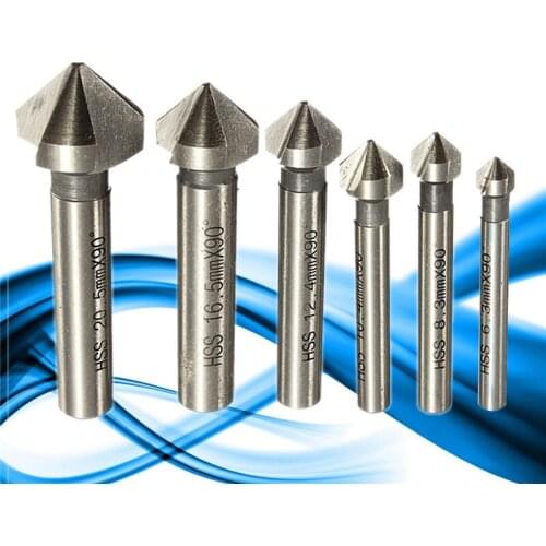Round shank 6pcs 3 Flute 90 Degree HSS Chamfer Chamfering Cutter End Mill Tool Countersink Drill Bit Set 6.3-20.5MM