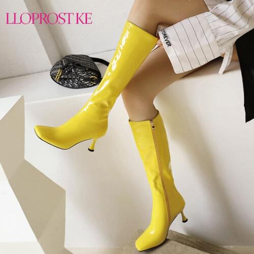 Lloprost ke Womens Square Toe Patent Leather Knee Thigh Boots Stilettos High Heel Shoes Candy Colors Warm Winter Plus Size 45 46