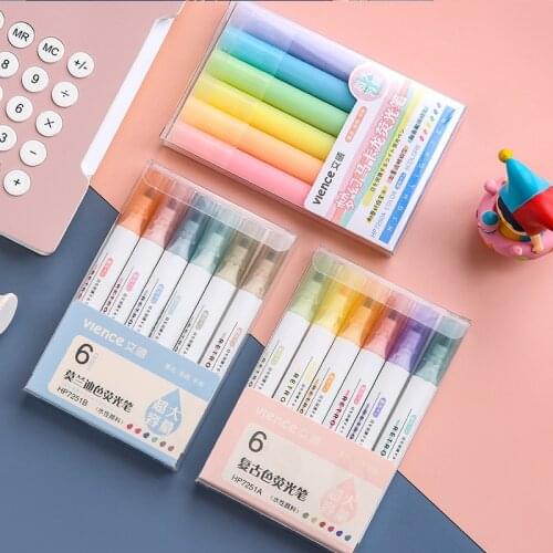 6pcs/bag Highlighter Pen Pastel Markers Fluorescent Pen Watercolor Highlighters Drawing Painting Art Stationary School Supplies