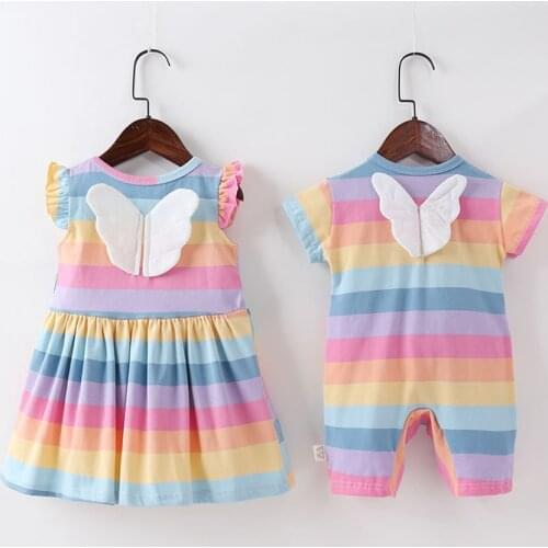 New Sweet Toddler Baby Girl Rainbow Dress Romper 3D Wings Casual Cotton Bow Stripes Ruffle Sleeveless Princess Party Sundress