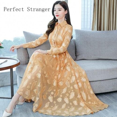 2020 Autumn New Arrival Plus Size M-3XL Bohemian Style Turn-down Collar Long Sleeve Women Chiffon Long Dress