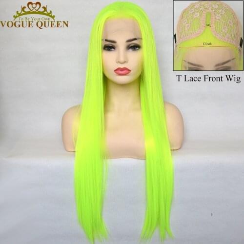Vogue Queen Bright Yellow Green Synthetic T Lace Front Wig Long Straight Natural Hairline For Women