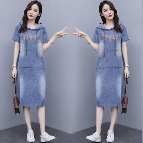 New Summer Style Women Dresses Casual Letter Hooded Collar Pockets Loose Short Sleeve A-Line Jeans For Females Denim One-Piece