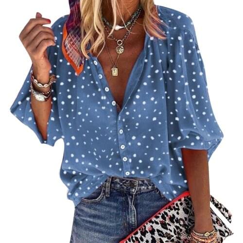 Plus Size Women Spring Shirt 3/4 Sleeve V Neck Shirts Fashion Female Snowflake Print Loose Casual Office Blouse Daily Life Tops