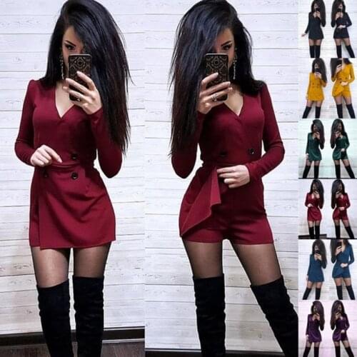 Chic Women Playsuits Solid Color Long Sleeve V Neck Double-breasted Short Playsuit Jumpsuit Womens Playsuits