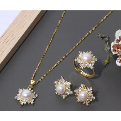 Snowflower Shape 8-10mm Big Size Real Freshwater Pearl Necklace Pendant with Chain Earrings Ring Set Jewelry Set, 10 Sets/lot