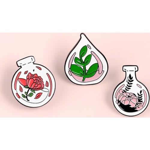 Water drop jar glass fish tank custom enamel jewelry pin chrysanthemum green leaf water grass environmental shirt lapel pins