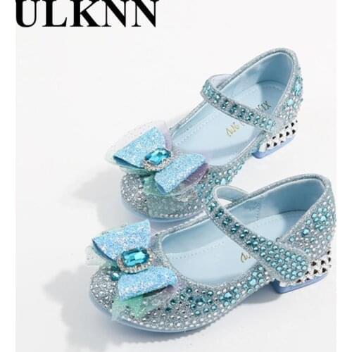 Girls High Heels Kids Shining Rhinestone Blue Princess Shoes Fall 2021 New Soft Shoes Children Single Crystal Leather Shoes