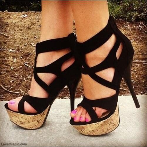 High Quality Black Suede Women Sandals Peep Toe Cut-out High Platform Thin Heel Ladies Dress Shoes Back Zipper Cage Shoes