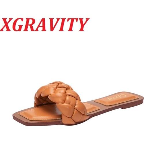XGRAVITY 2021 Summer Flat Shoes Square Toe Lady Weave Ladies Fashion Slides Female Woman Footwear Knitting Elegant Slippers Hot