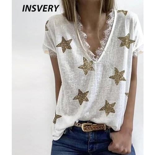 Summer T-shirt Short Sleeve Star Print V Neck T Shirt Women Casual Loose Tops Ladies Fashion Tees Lace Splice Shirt Plus Size