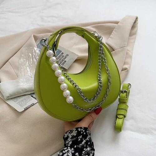 Half-Moon PU Leather Crossbody Shoulder Bags for Women 2021 Summer Fashion Luxury Brand Pearl Chain Underarm Handbag