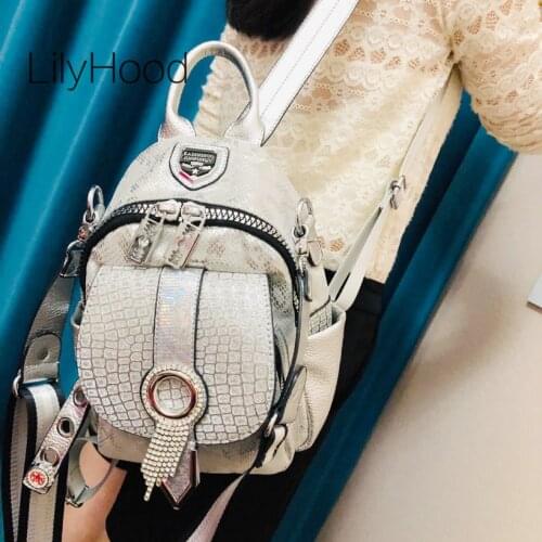 Lady Fashion Serpentine Pattern Vegan Leather Diamonds Tassel Backpack Bag Female Trend Quality Artificial Leather Knapsack Bag