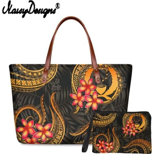 Noisydesigns New 2pcs Women Cloth Shoulder Bag And Wallets Pohnpei Hawaii Polynesian Print Ladies Totes Large Capacity Clutch