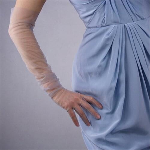 Fashion Women Hot Sale Mesh Gloves 70cm Light Gray Lace Gauze Super Long Touch Screen Gloves TBWS04