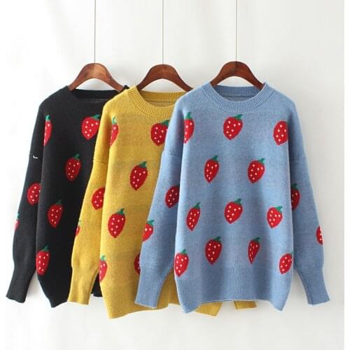 Oversized Women Sweater Pullovers O-neck Floral Printed Pull Jumpers Long Sleeve Street Strawberry Sweater Women Knit Tops