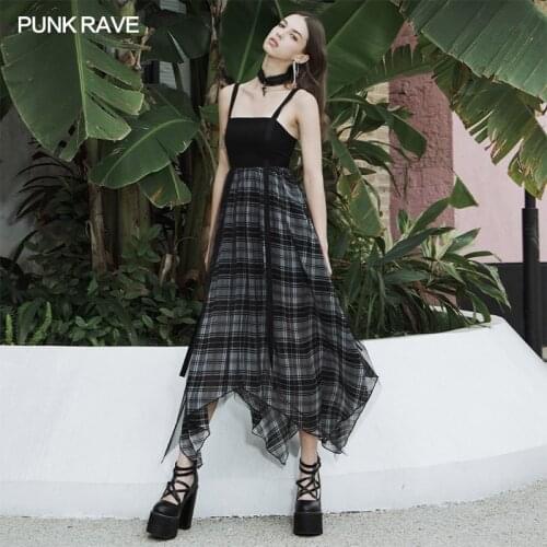 PUNK RAVE Womens Gothic Daily Sleeveless Sexy Strap Asymmetric Hem Dress Party Casual Chiffon Long Slip Dress