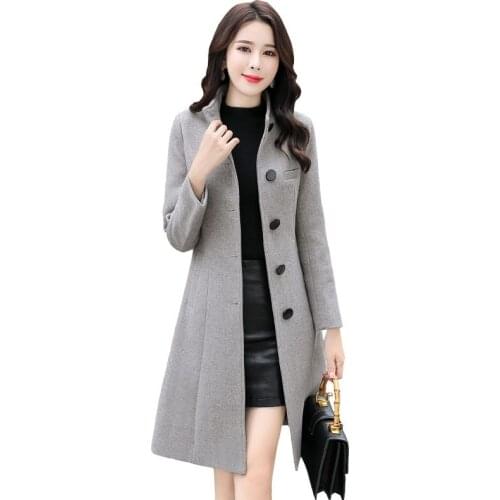 Utumn Winter Women temperament elegant Woolen Jacket Fashion Mid-length Slim Stand-up collar woolen coat woman Outerwear R478
