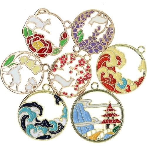 10pcs Chinese Architecture Enamel Cat Flowers Charms Sea Pendant For Necklace Bracelet DIY Fashion Jewelry Accessories Findings
