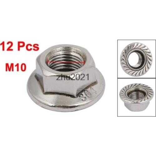 12pcs M10 x 1.25mm Pitch Metric Fine Thread 304 Stainless Steel Hex Flange Nut