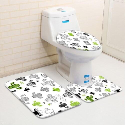 3pcs/Set Cactus Bathroom Mat Tropical Plants Flower Cartoon Pattern Flannel Bath Decor Bathtub Toilet Carpet Non-Slip Rug